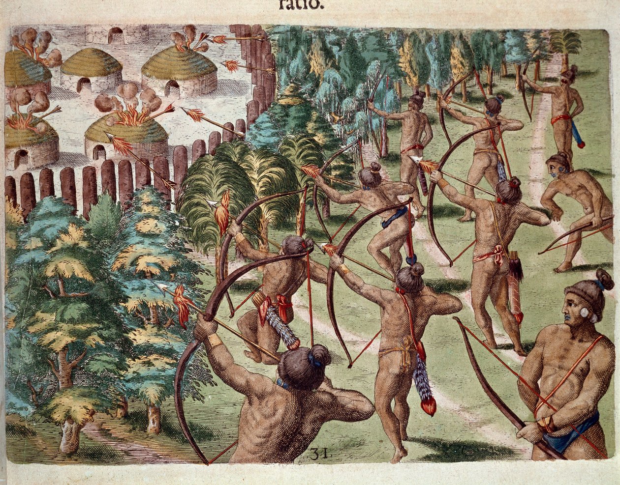 History of America: An Indian tribe attacks a village in Florida at night. Engraving from Admirante Narratio Americae by Theodore de Bry by Theodore de Bry