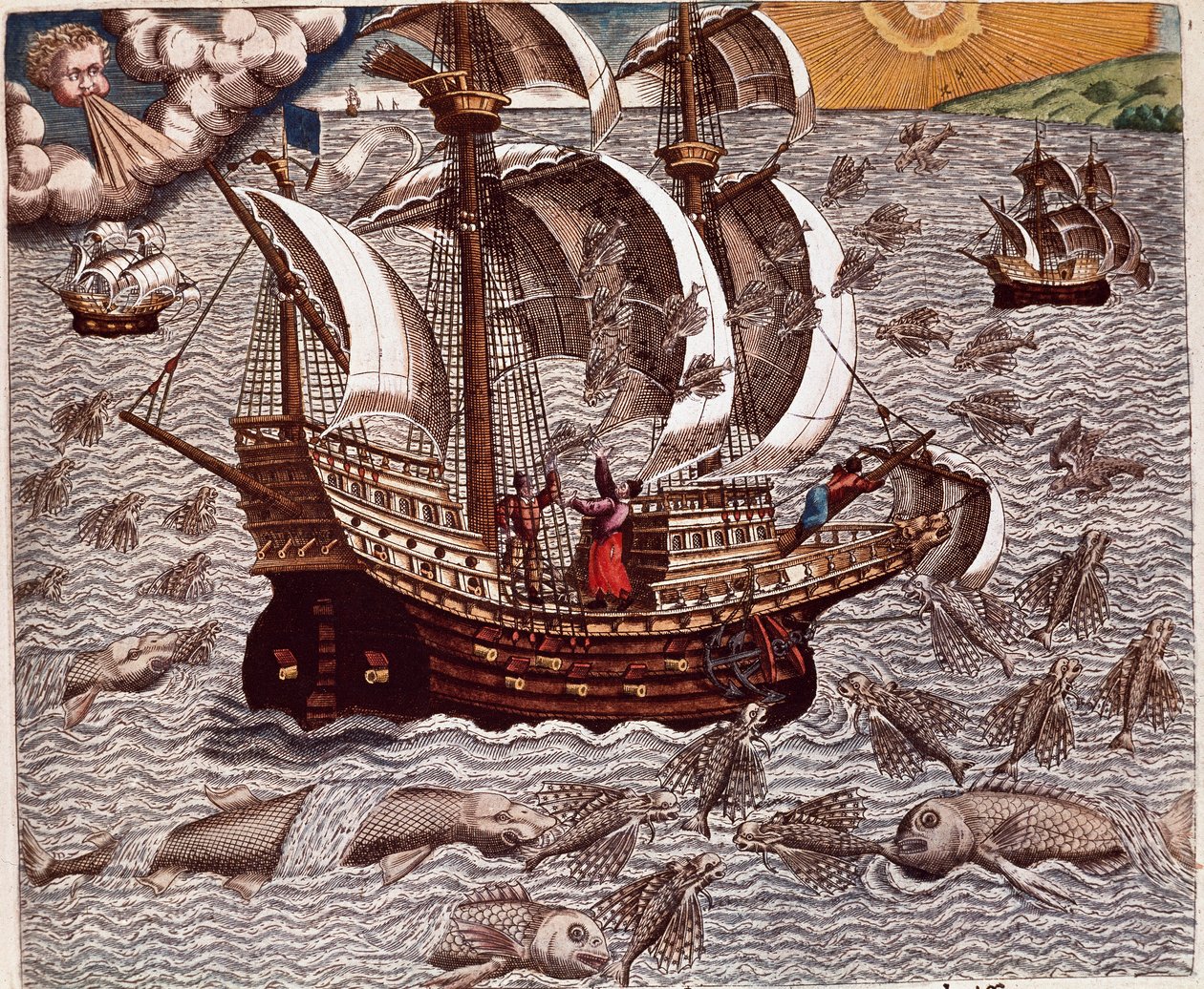 Journey of Spanish Caravels Surrounded by Flying Fish by Theodore de Bry