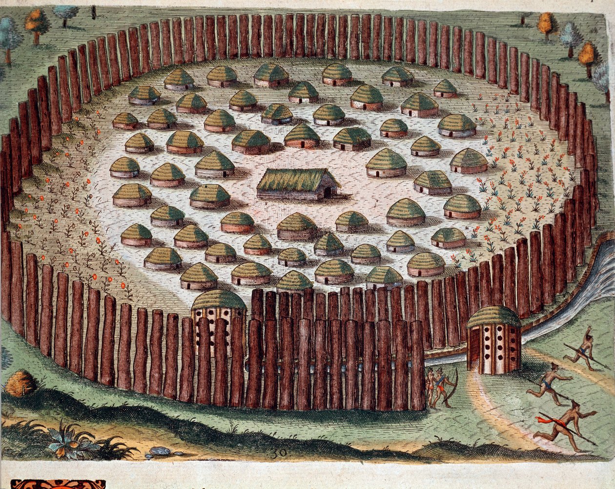 History of America: Representation of an Indian village fortifies in Florida. Engraving from 
