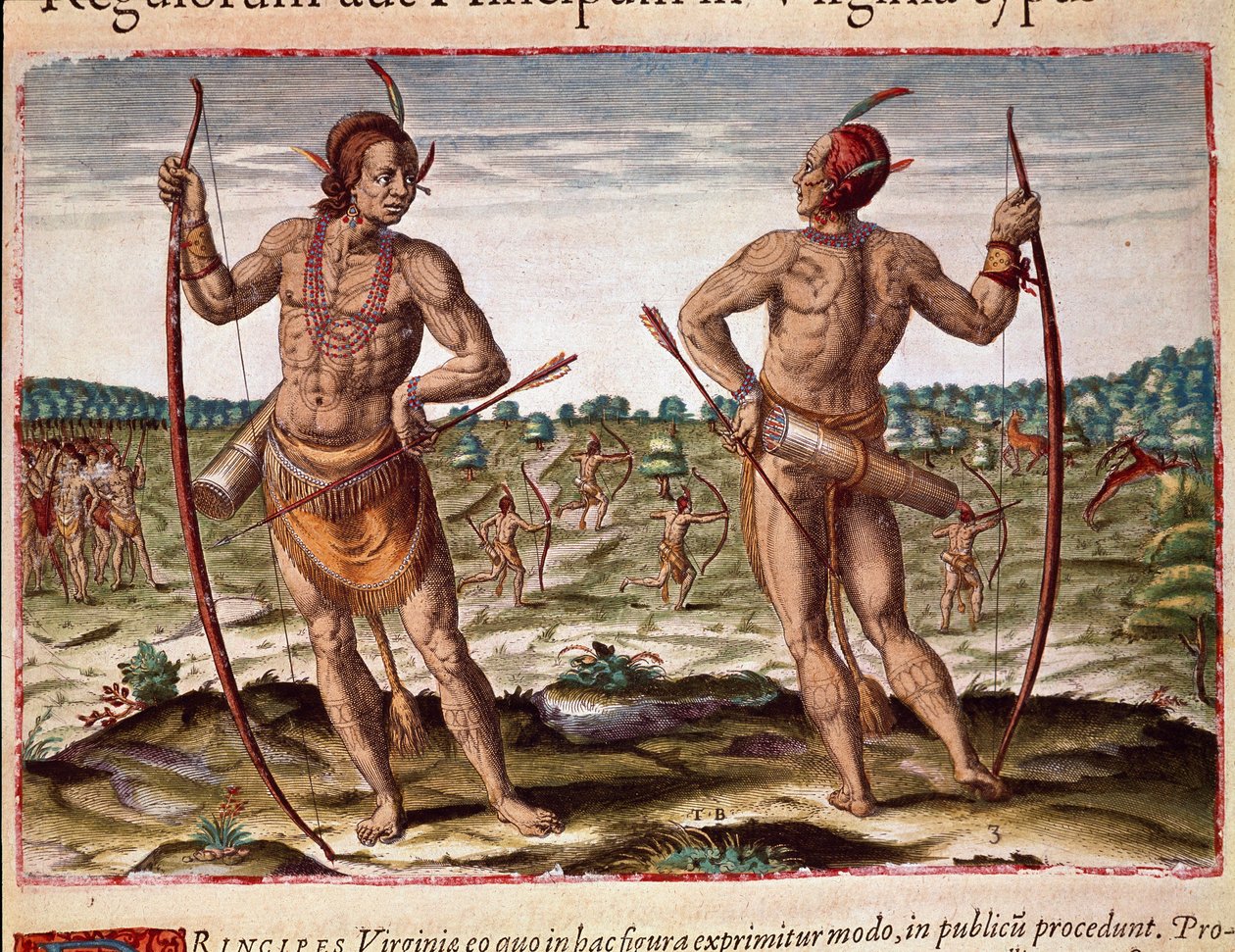 History of America: Two inhabitants of Virginia, Indian weapons of arrows and bow. Engraving from Admirante Narratio Americae by Theodore de Bry (1528-1598) by Theodore de Bry