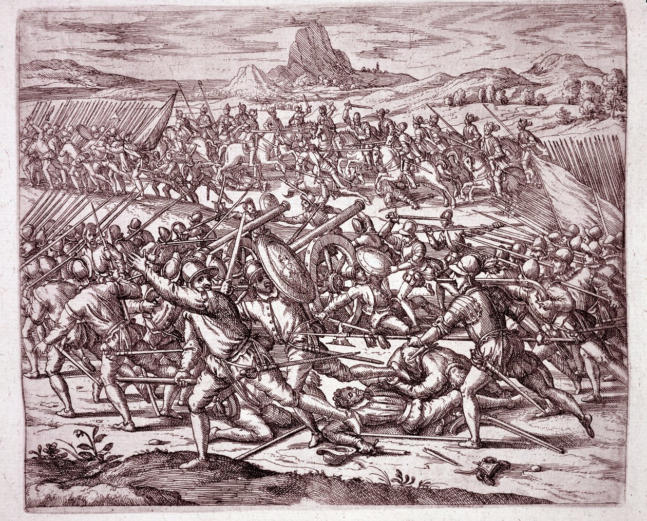 History of America: fights between the armies of Vaca de Castro and Almagro junior after the death of Francisco Pizarro and Diego de Almagro (Engraving) by Theodore de Bry
