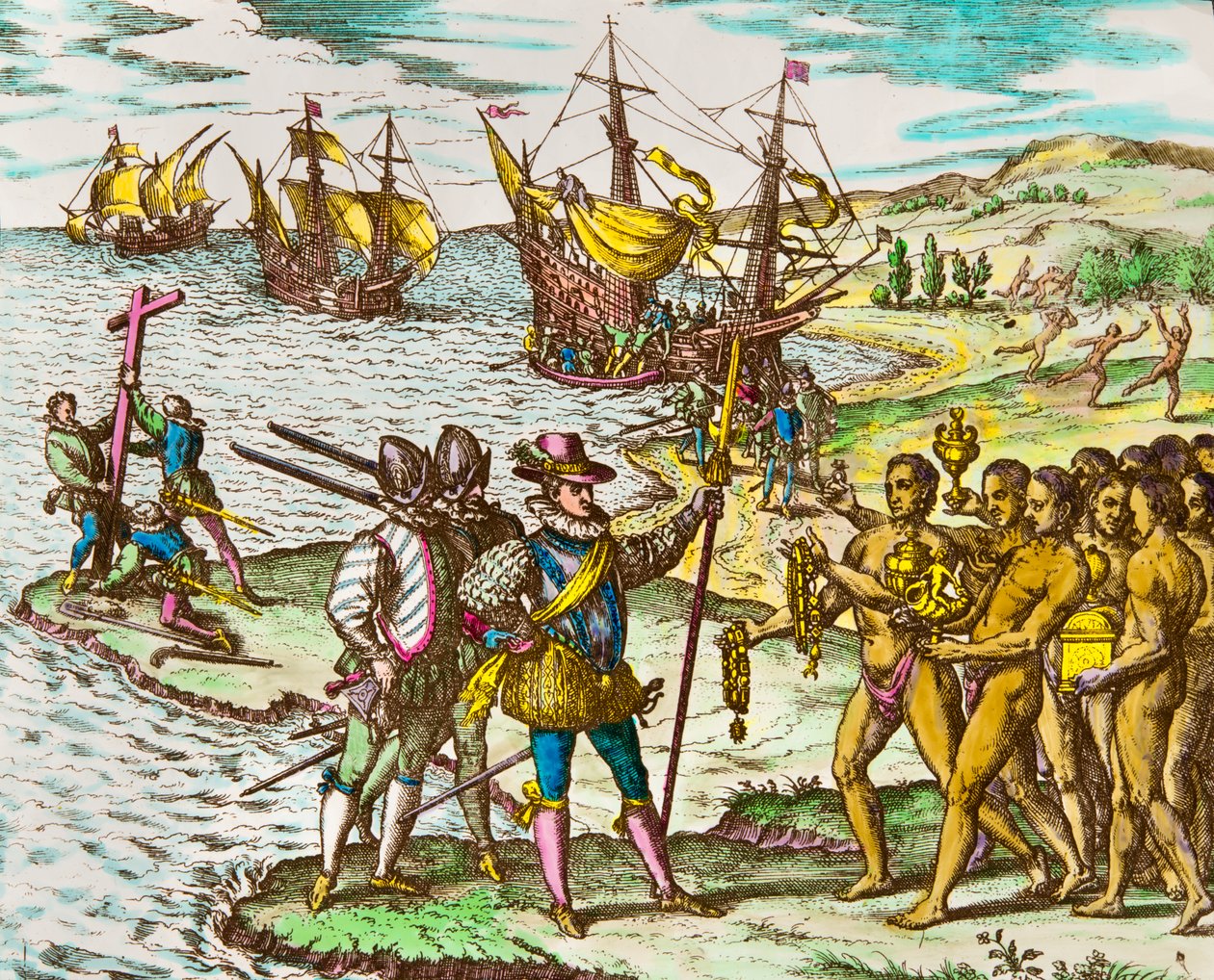 History of America: the explorer Christopher Columbus is welcomed by the Indians on his arrival in the New World (Engraving by Theodore De Bry) by Theodore de Bry