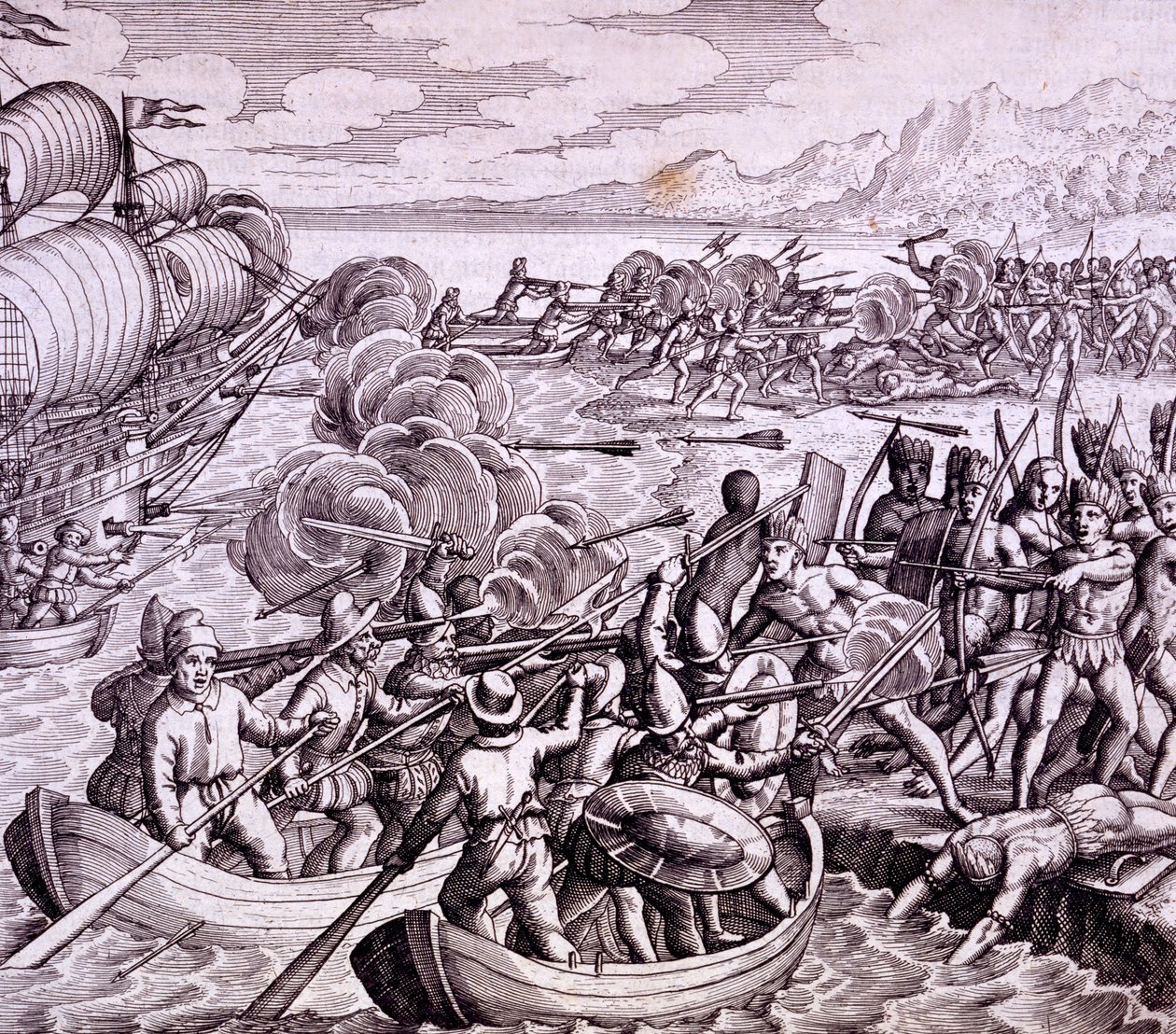 How the Spanish landed in the Island of Haiti, with 400 men which led to a great battle with the natives, illustration from 