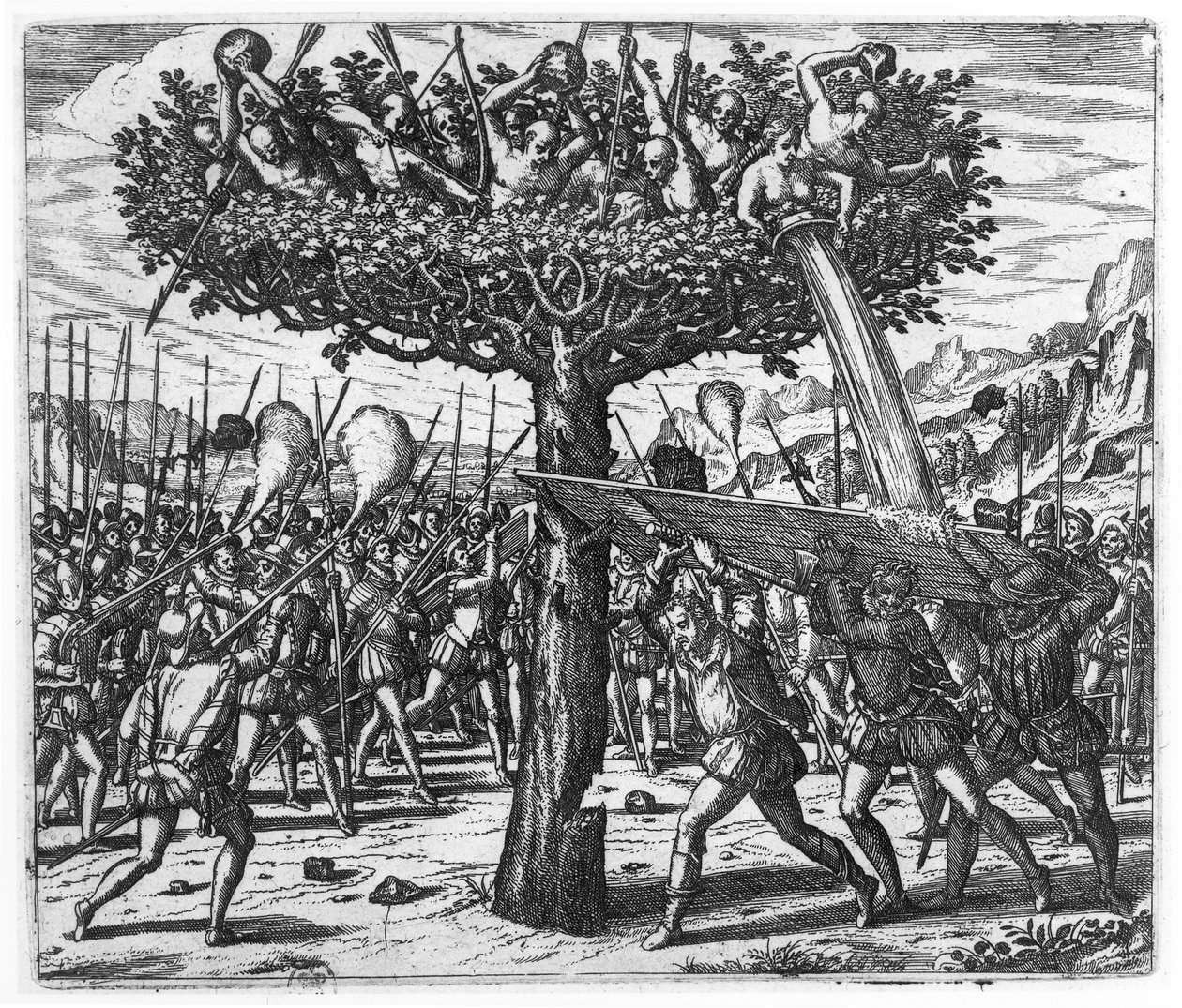 Indians in a Tree Hurling Projectiles at the Spanish by Theodore de Bry