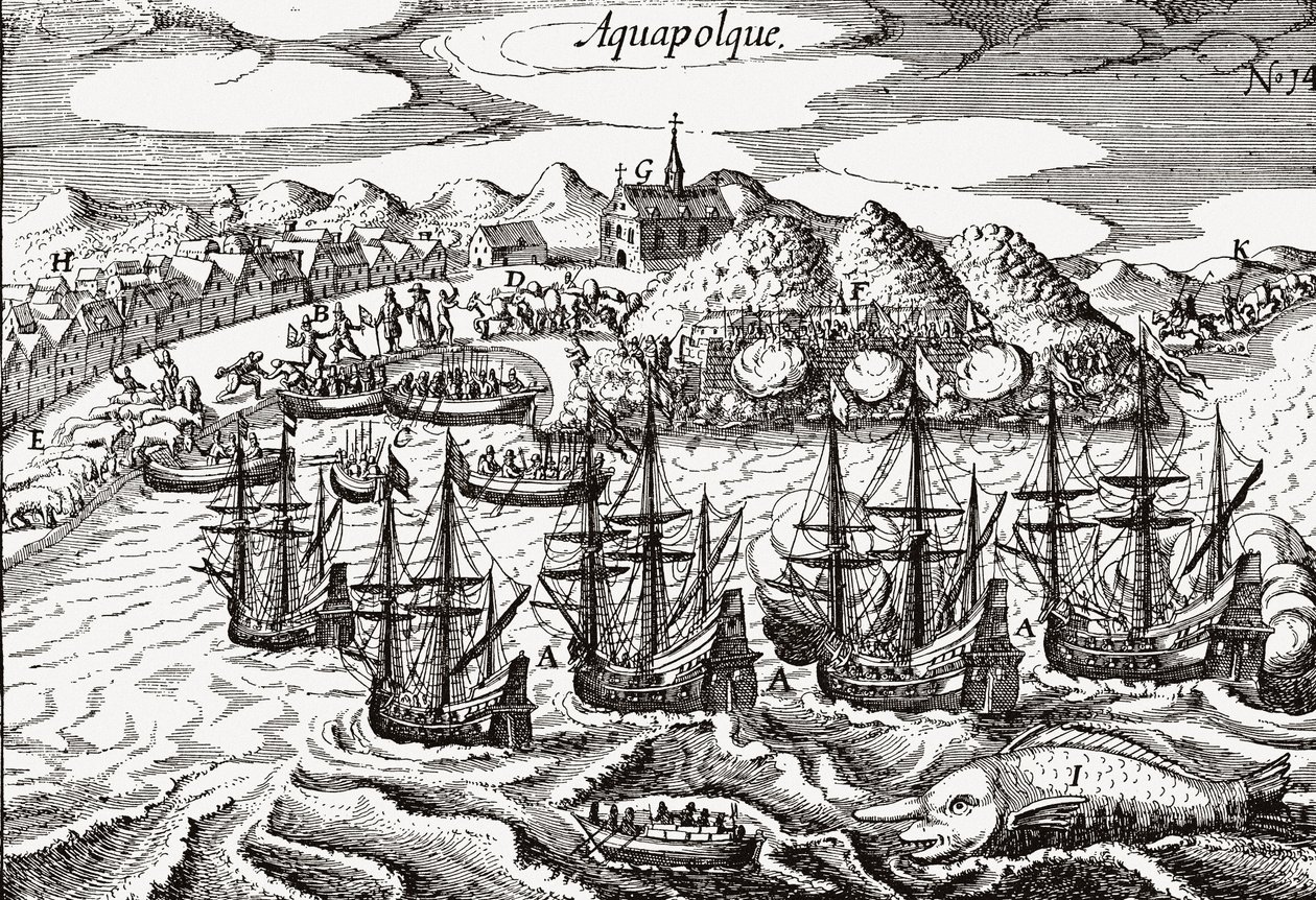 View of Acapulco, Mexico - Engraving by Theodore de Bry (ca. 1630) by Theodore de Bry