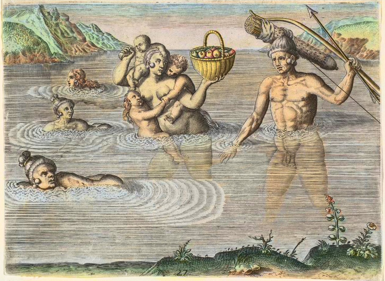 Natives in Florida: a family swimming from one island to another. From America, part II by Theodore de Bry
