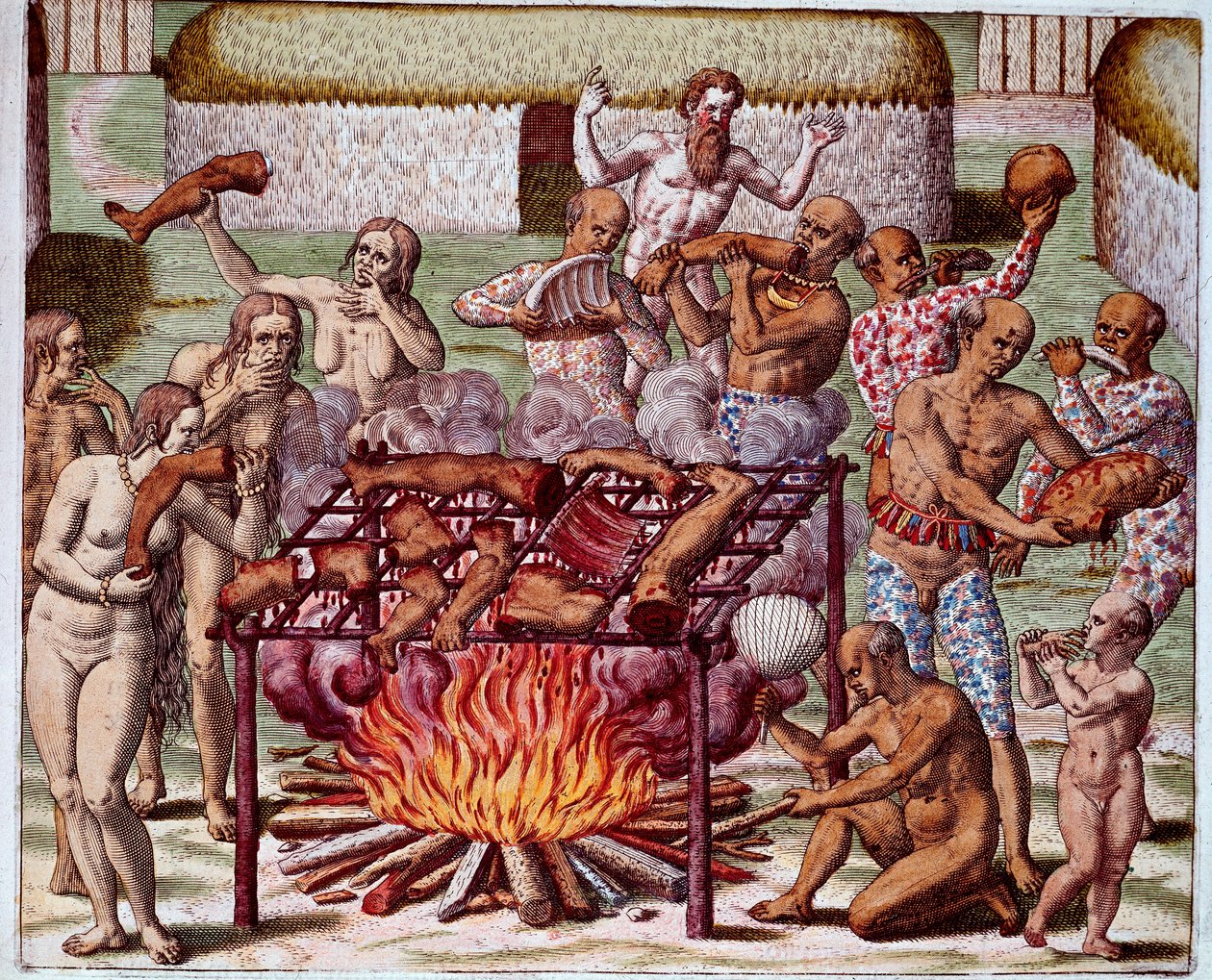 Scene of Cannibalism in Brazil. Indians devoured their enemies and prisoners. Engraving from 