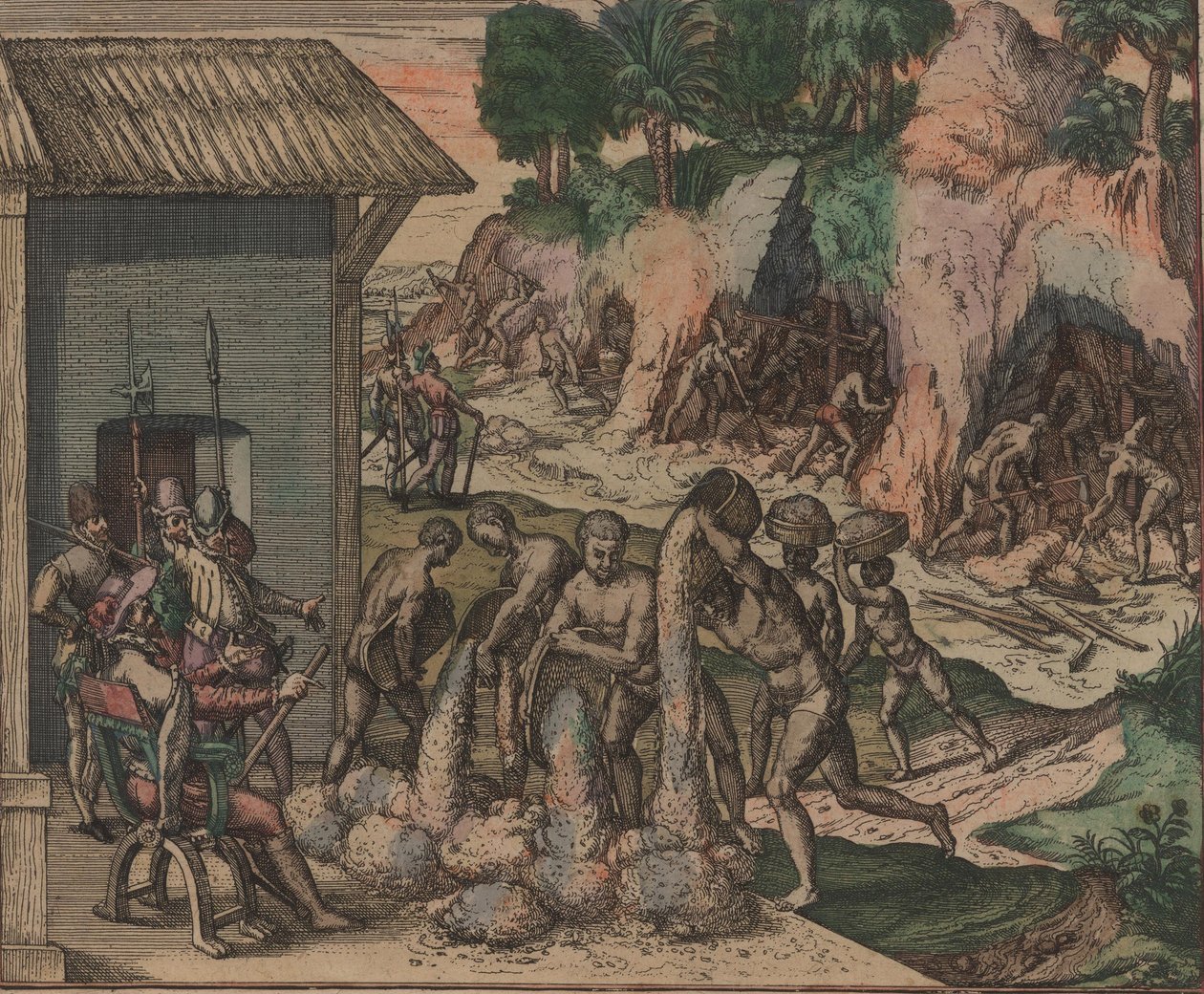 Slaves pour ore in front of European soldiers. In the background, slaves work in the mines by Theodore de Bry