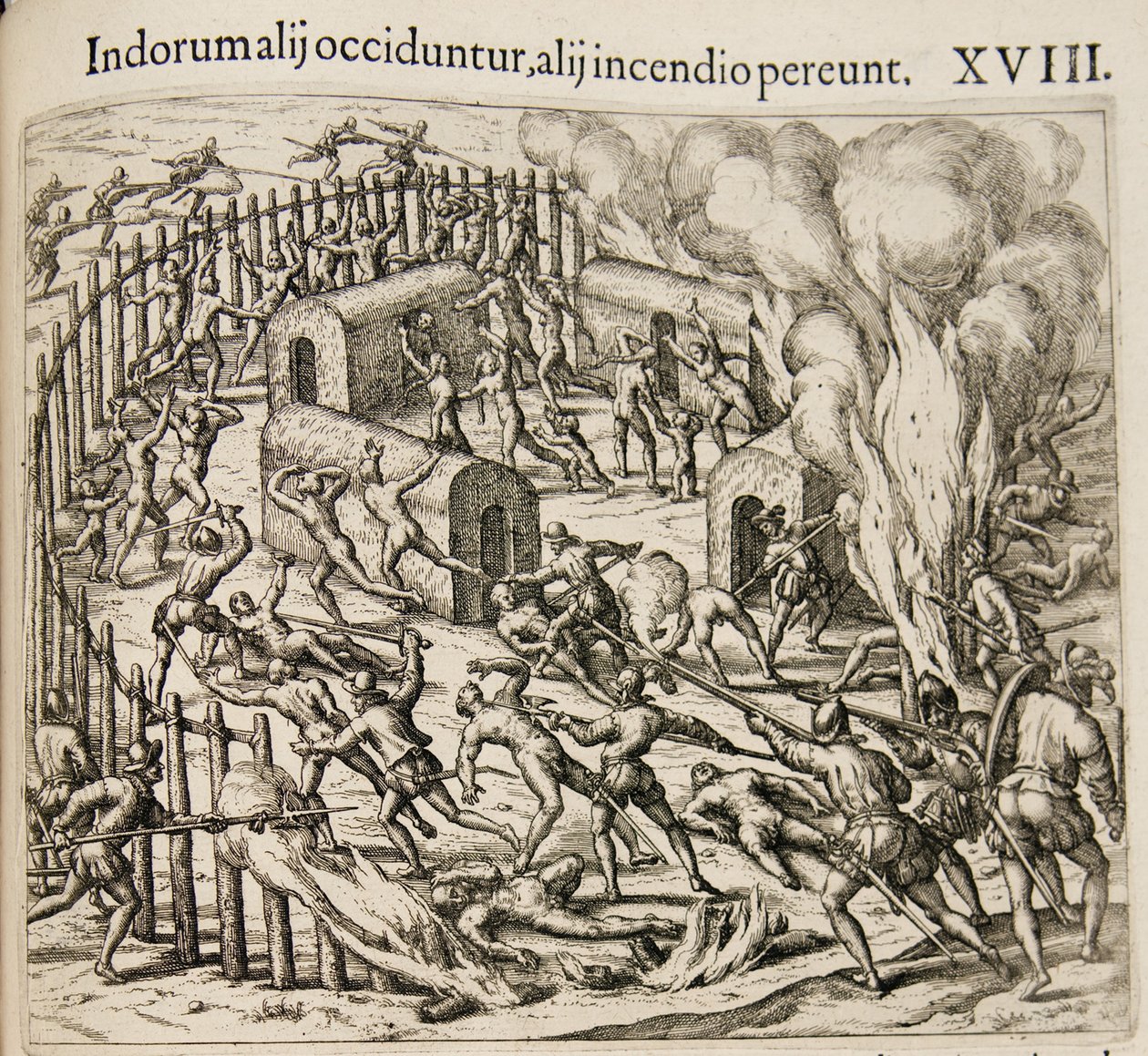 Some Indians Are Killed, Some Perish in a Fire. From: Americae Pars Qvarta by Theodore de Bry