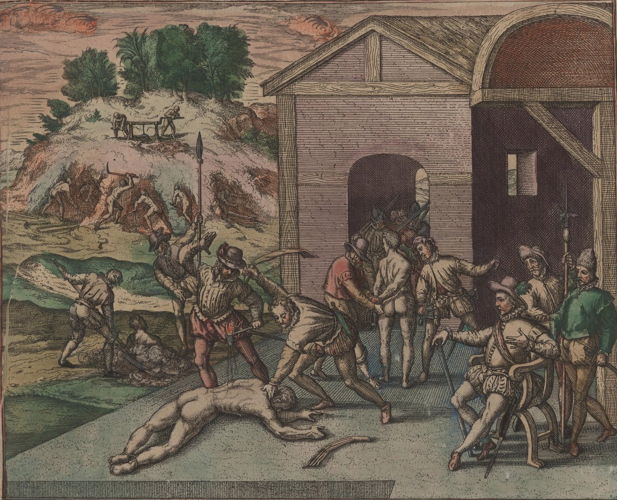 Spanish Soldiers Observe and Carry Out the Punishment of a Slave by Theodore de Bry