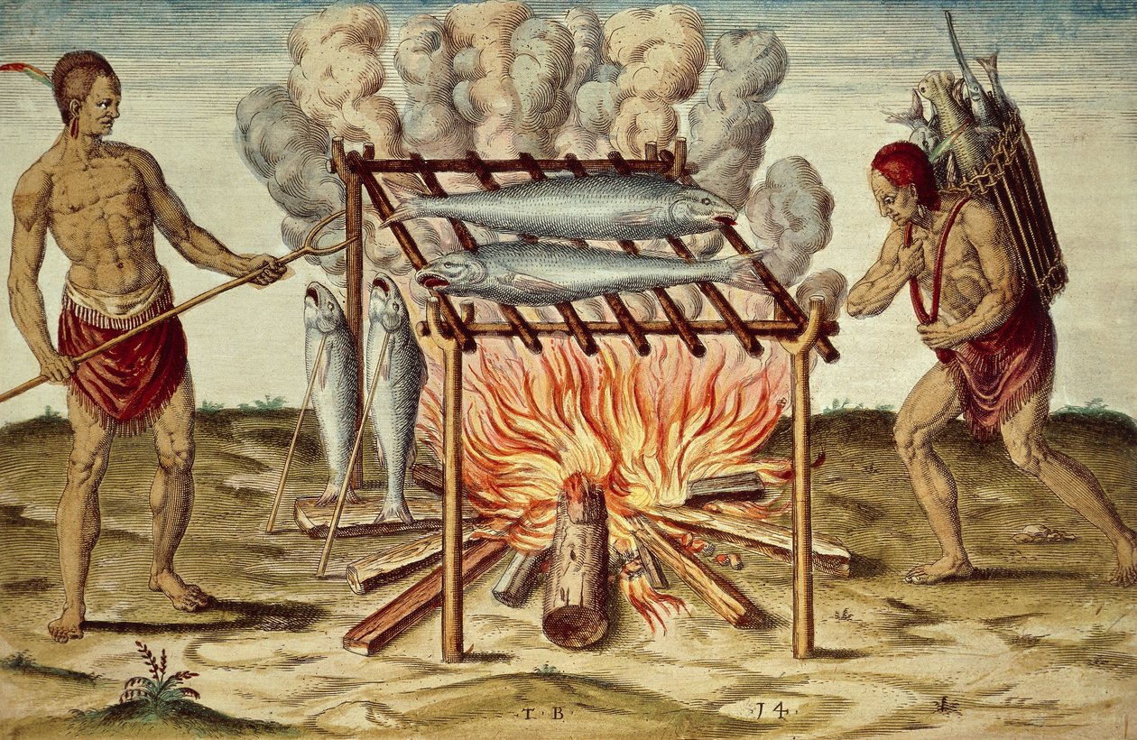 Taino Natives Cooking Fish, from Brief and True Report of New Found Land of Virginia by Theodore de Bry