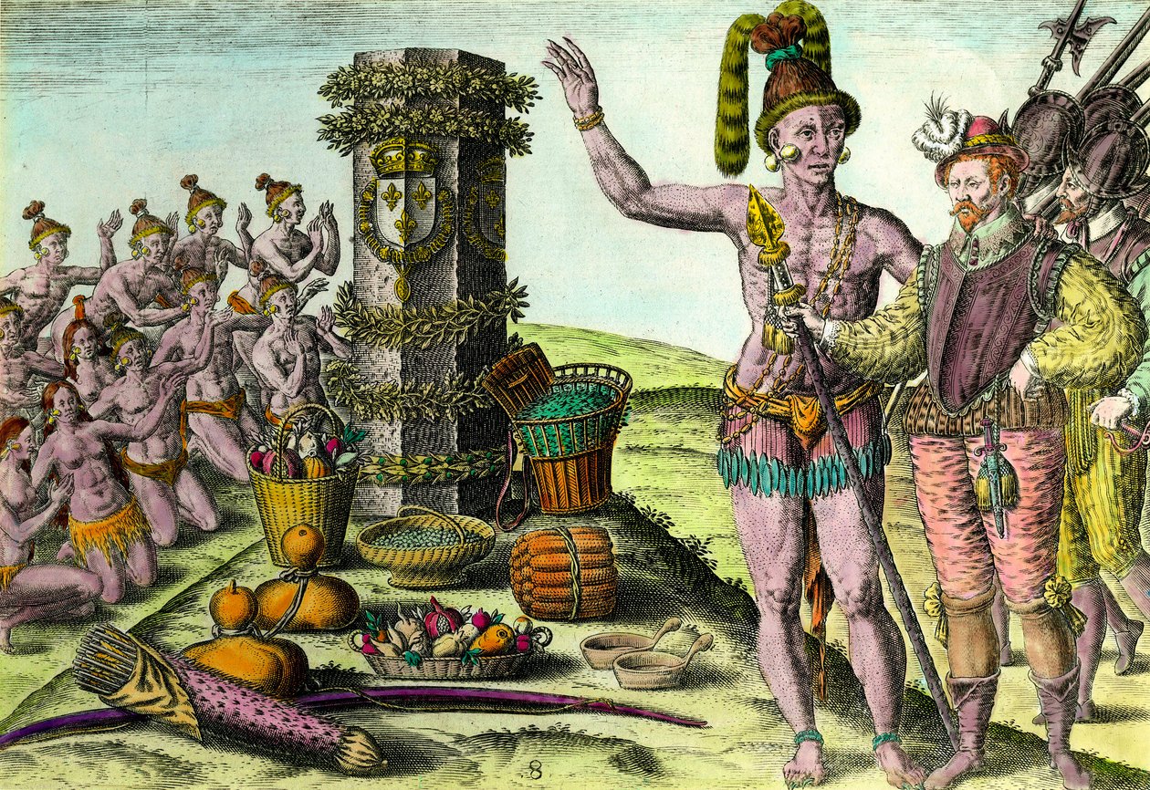 The Floridians came to the column erected by the French navigator Jean Ribault (1520-1565) of the first expedition to Florida. Engraving from History of America by Theodore De Bry (1528-1598) by Theodore de Bry