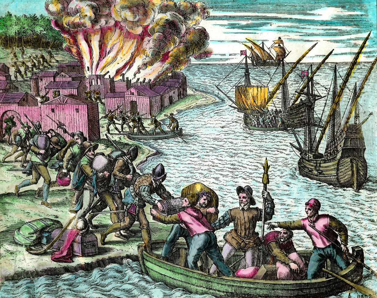 The French plunder and burn the city of Chioreran. Engraving from 