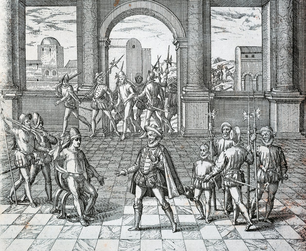 The Inca King Atahualpa Being Taken Prisoner by Spaniards in Cajamarca by Theodore de Bry