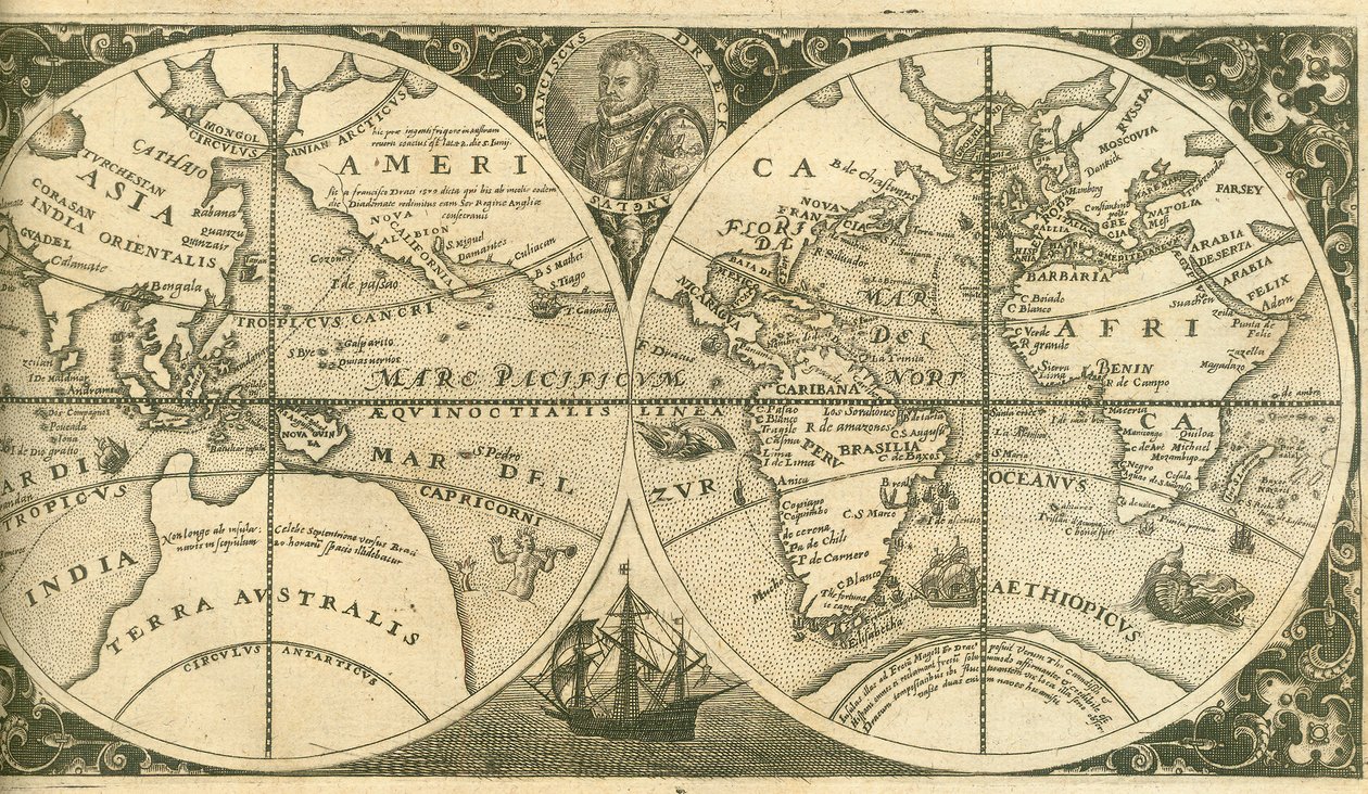 Title page of Americae Pars VIII with a portrait of Francis Drake and his ship, the Golden Hind by Theodore de Bry