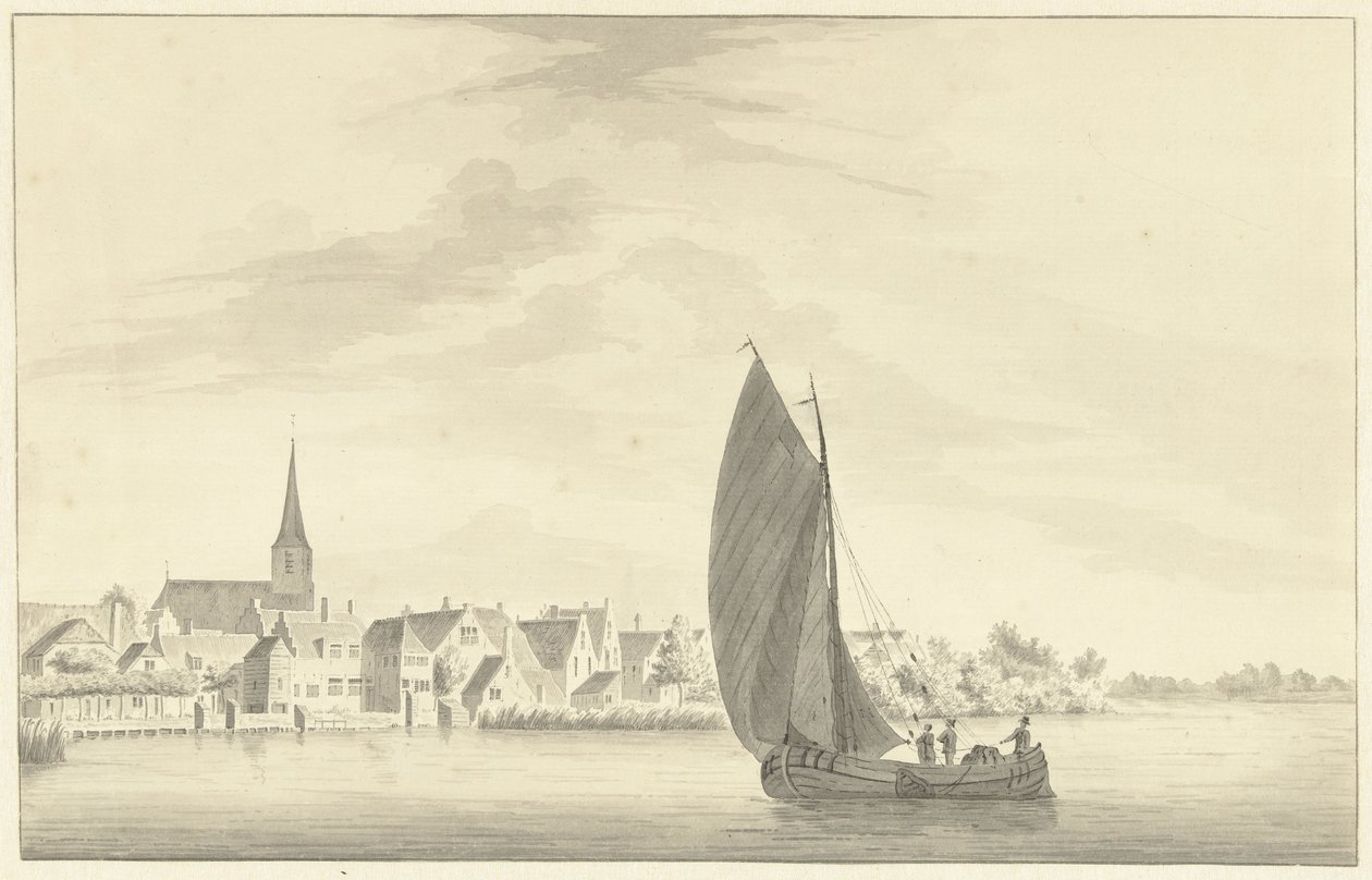The Village of Gouderak with a Sailing Ship in the Foreground by Theodorus Cornelis Schutter