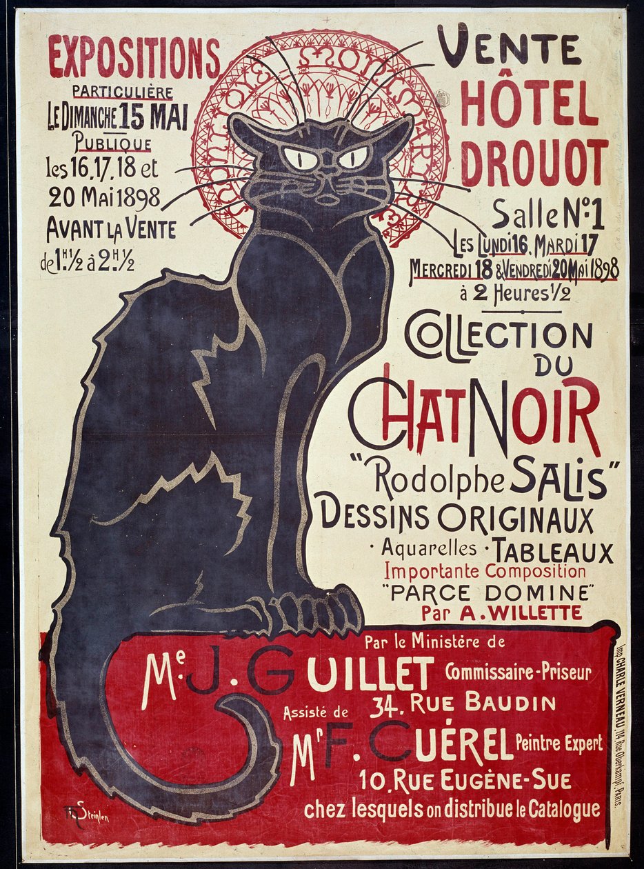 Advertising Poster Announcing the Sale at Hotel Drouot in 1898 of the Cat Noir Collection and Works by Rodolphe Salis. Illustration by Theophile Alexandre Steinlen by Théophile Alexandre Steinlen