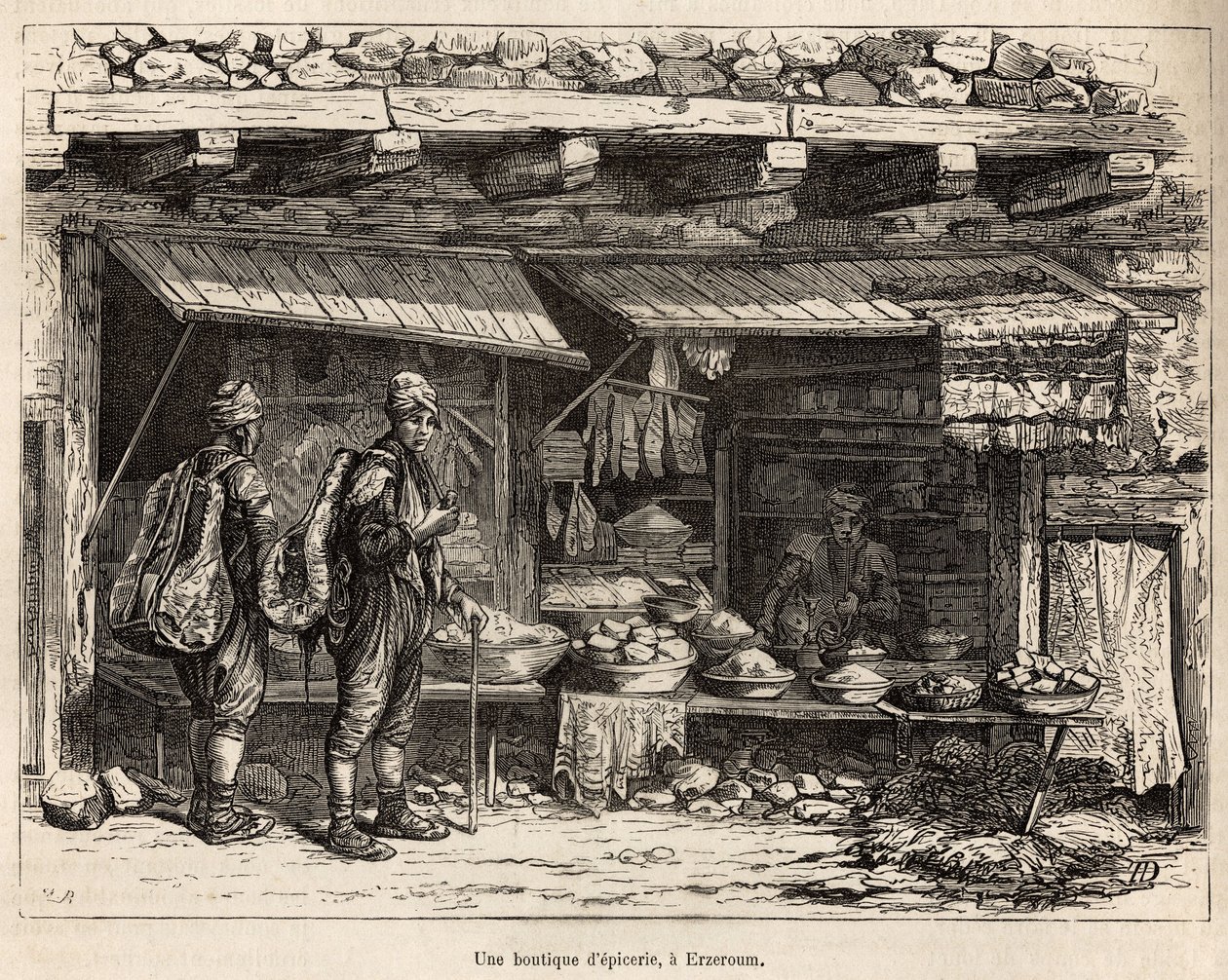 A grocery store in Erzeroum (Armenia), engraved after a drawing by the author, illustrating the journey in Lazistan and Armenia by Theophile Louis Deyrolle