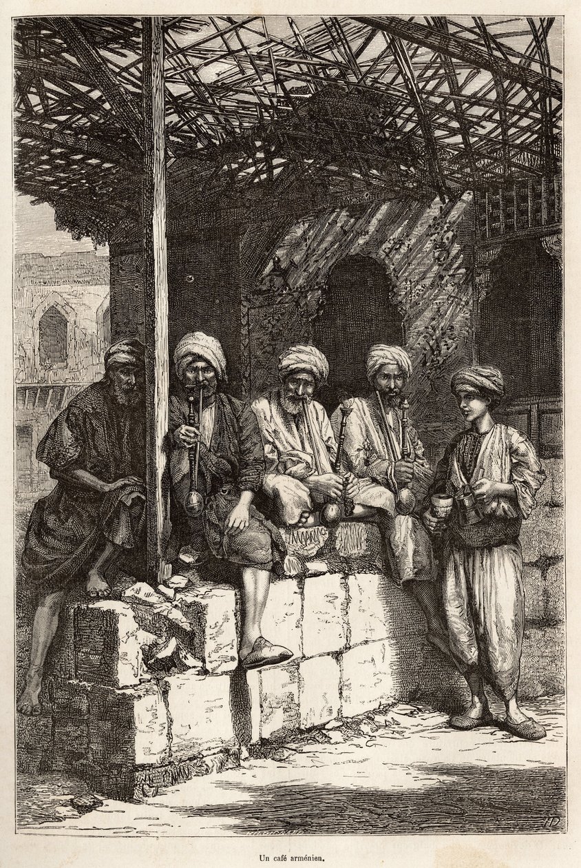 An Armenian cafe, a place of masculine conviviality, to drink coffee and smoke the pipe, engraving after a drawing by the author, illustrating the journey in Lazistan and Armenia by Theophile Louis Deyrolle