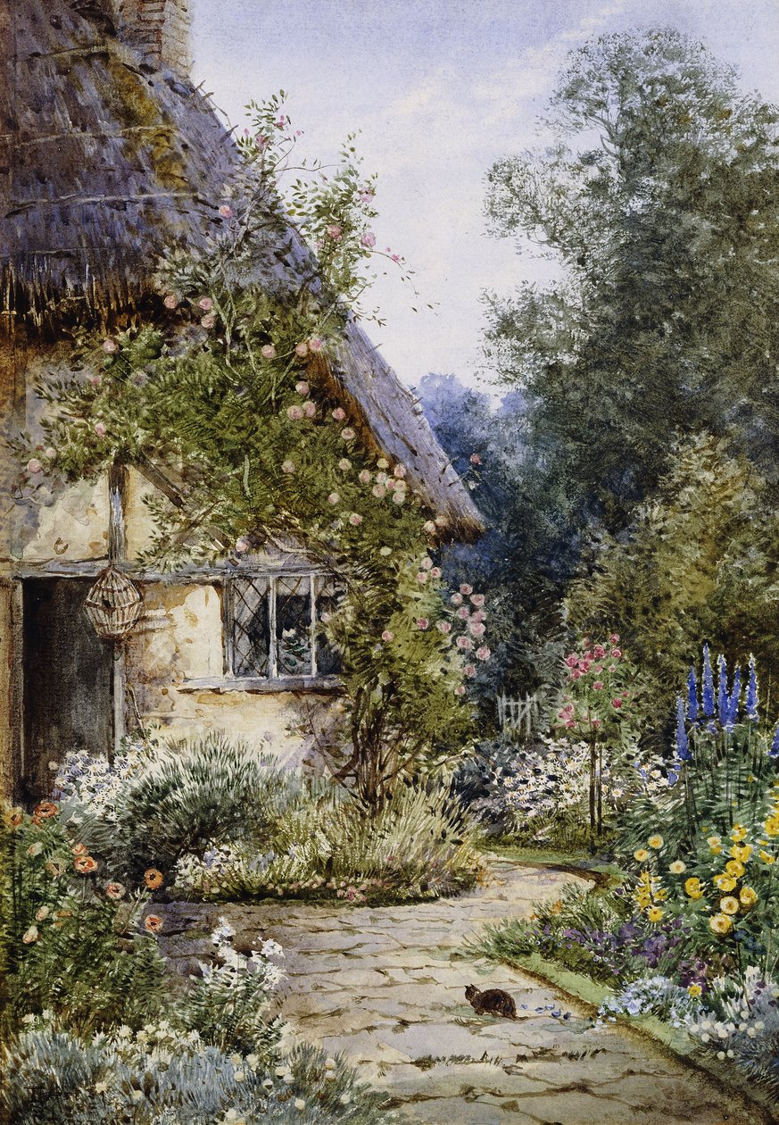 A Cottage Garden with a Cat in the Foreground; and a Cottage Border in Summer by Theresa Sylvester Stannard