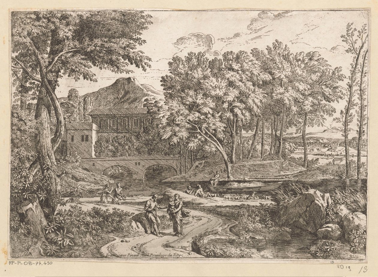 Arcadian Landscape with a Herd of Goats by the Water and a Mother with Child on a Path with Other Figures by Théodore