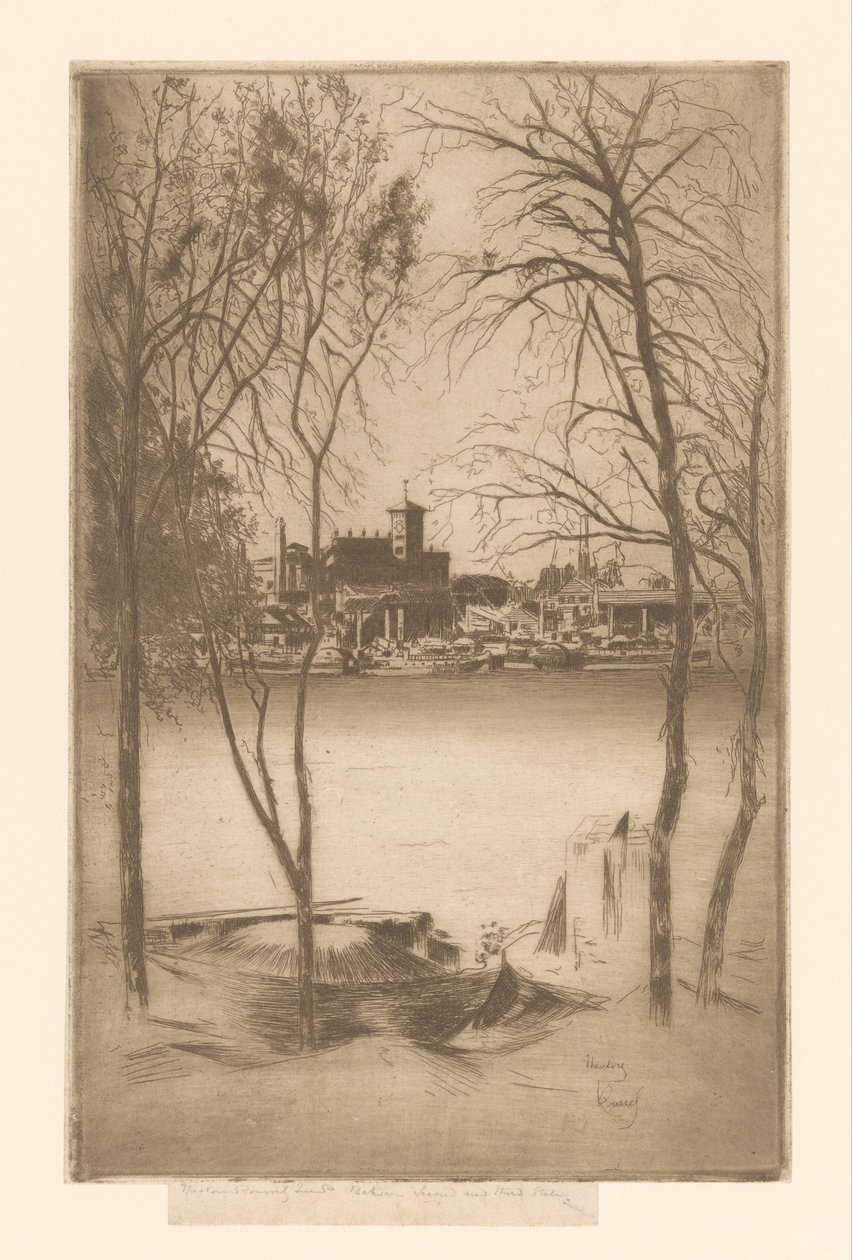 View of a River with Harbor and Industry by Théodore Roussel (signed by artist)
