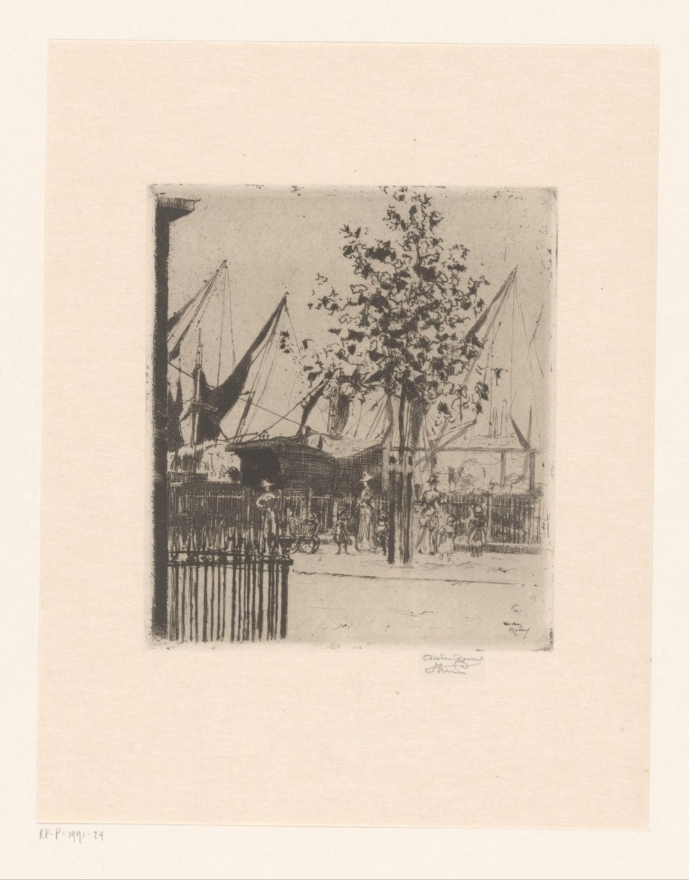 Street Scene with Figures by a Harbor by Théodore Roussel (signed by artist)