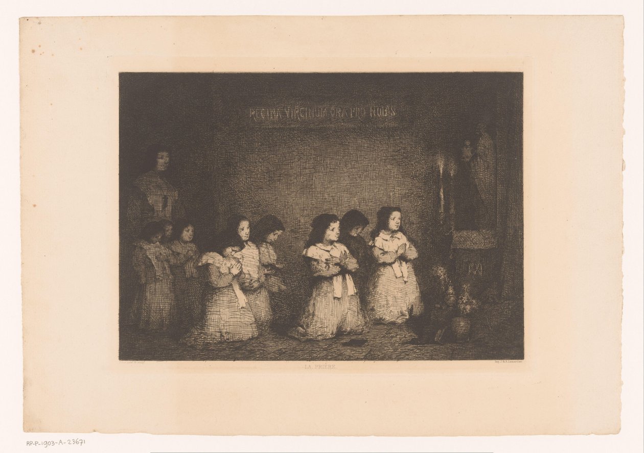 Group of Girls Praying Before a Statue of Mary (La Prière) (title on object) (Eaux-Fortes Modernes: Originales et Inédites) (series title) by Théodule Augustin Ribot