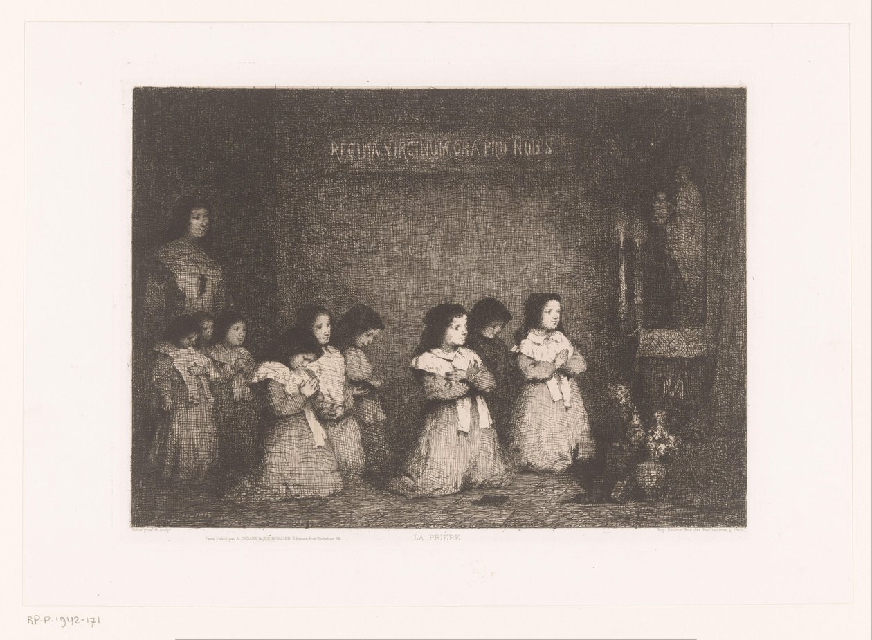 Group of Girls Praying Before a Statue of Mary (The Prayer) (Modern Etchings: Original and Unpublished series) by Théodule Augustin Ribot