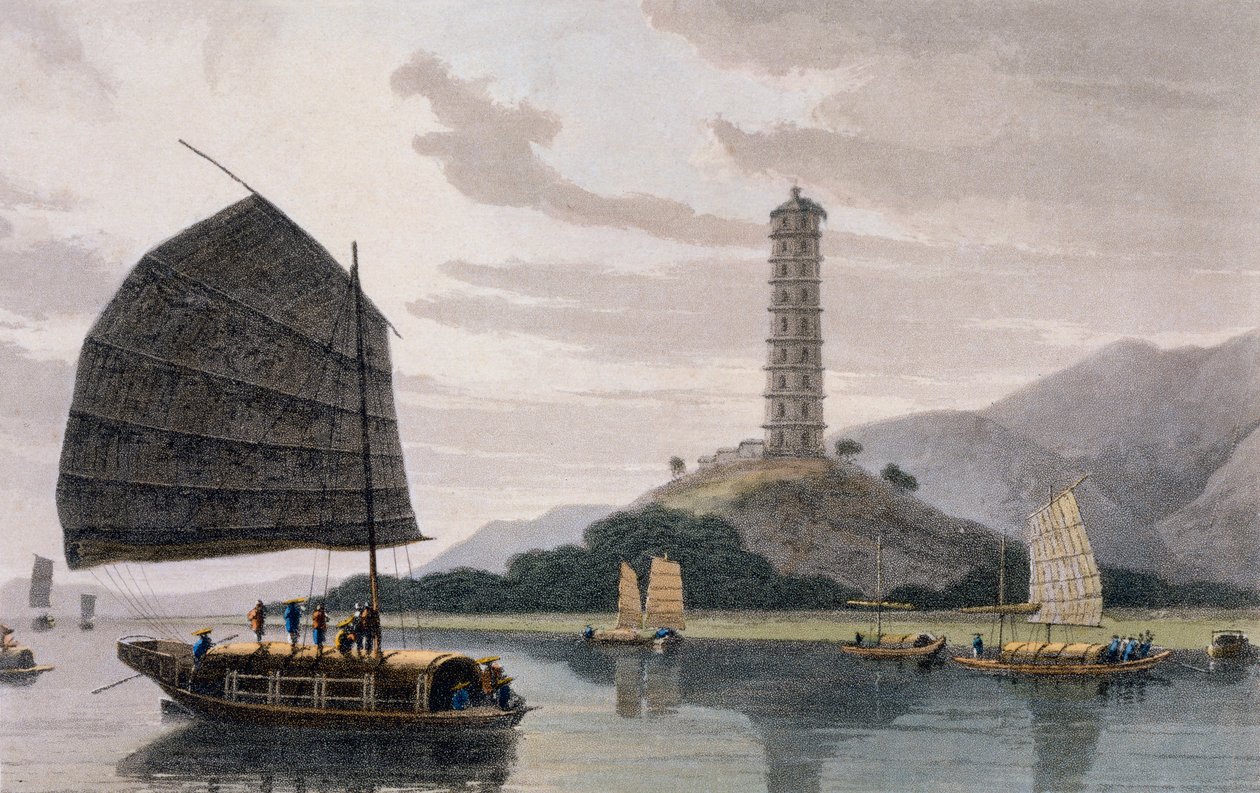 Wham Poa Pagoda, with boats sailing in front, from 