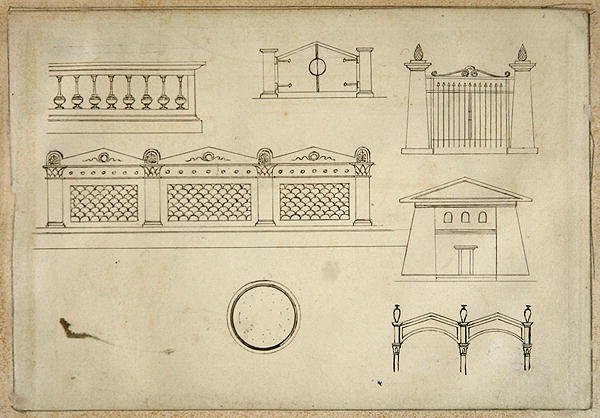 Designs for Gates, Walls, and Balustrade, from Twenty-one pen drawings of Decorative Details in Antique Style by Thomas Hope