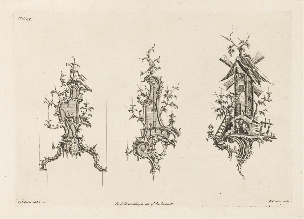 Three Designs for Wall Sconces in the Chinese Taste, Plate 48 in One Hundred and Fifty New Designs by Thomas Johnson