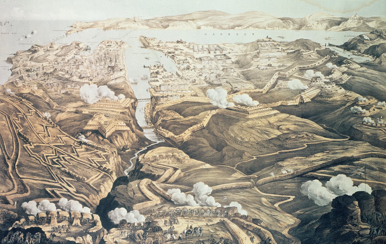 A Panoramic View of the External and Internal Defences of Sebastopol, the Batteries, Trenches and Siege Works of the Allies from sketches of a military engineer on the staff of Sir J. Burcoyne by Thomas Packer