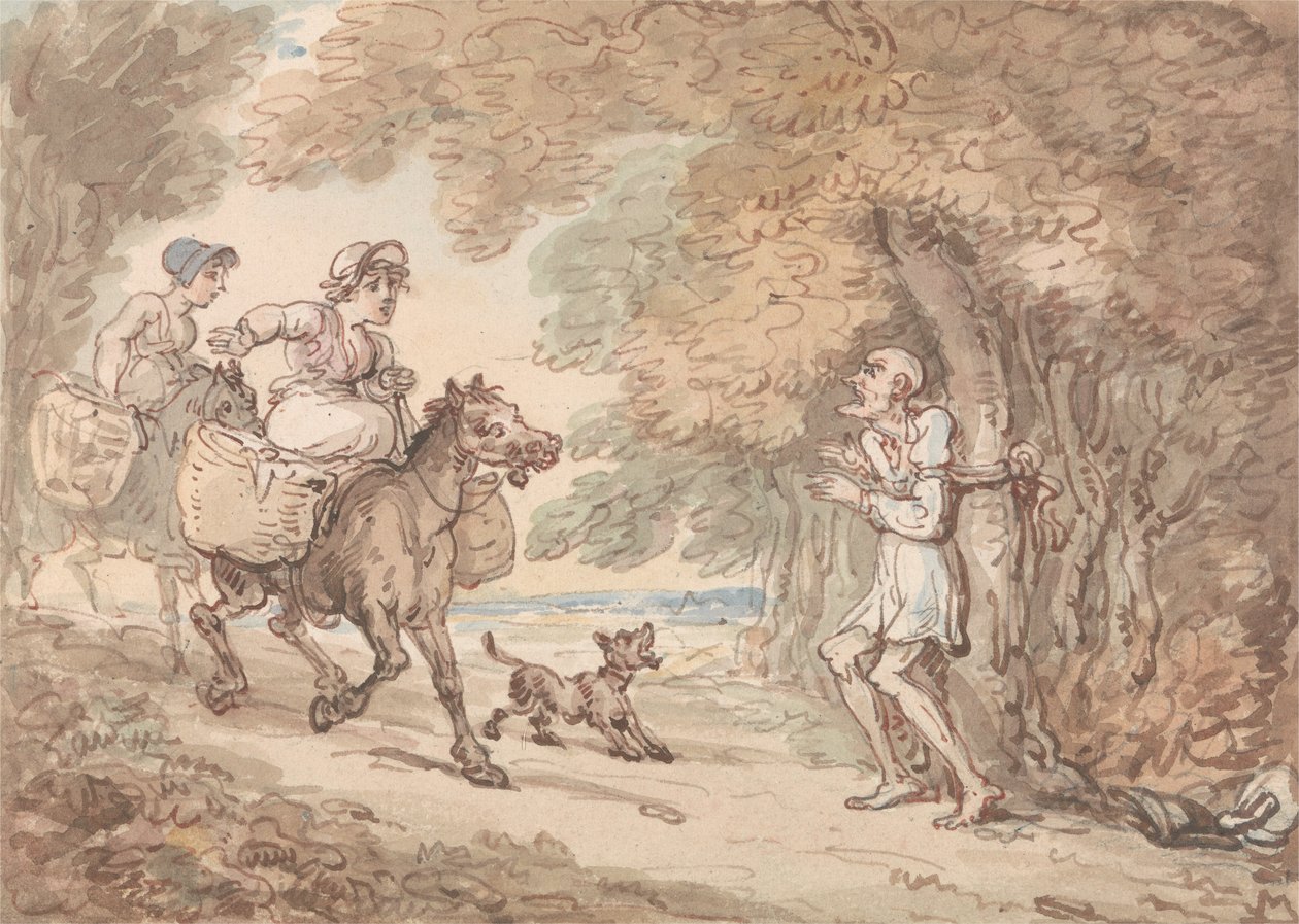 Dr. Syntax Bound to a Tree by Highwaymen by Thomas Rowlandson