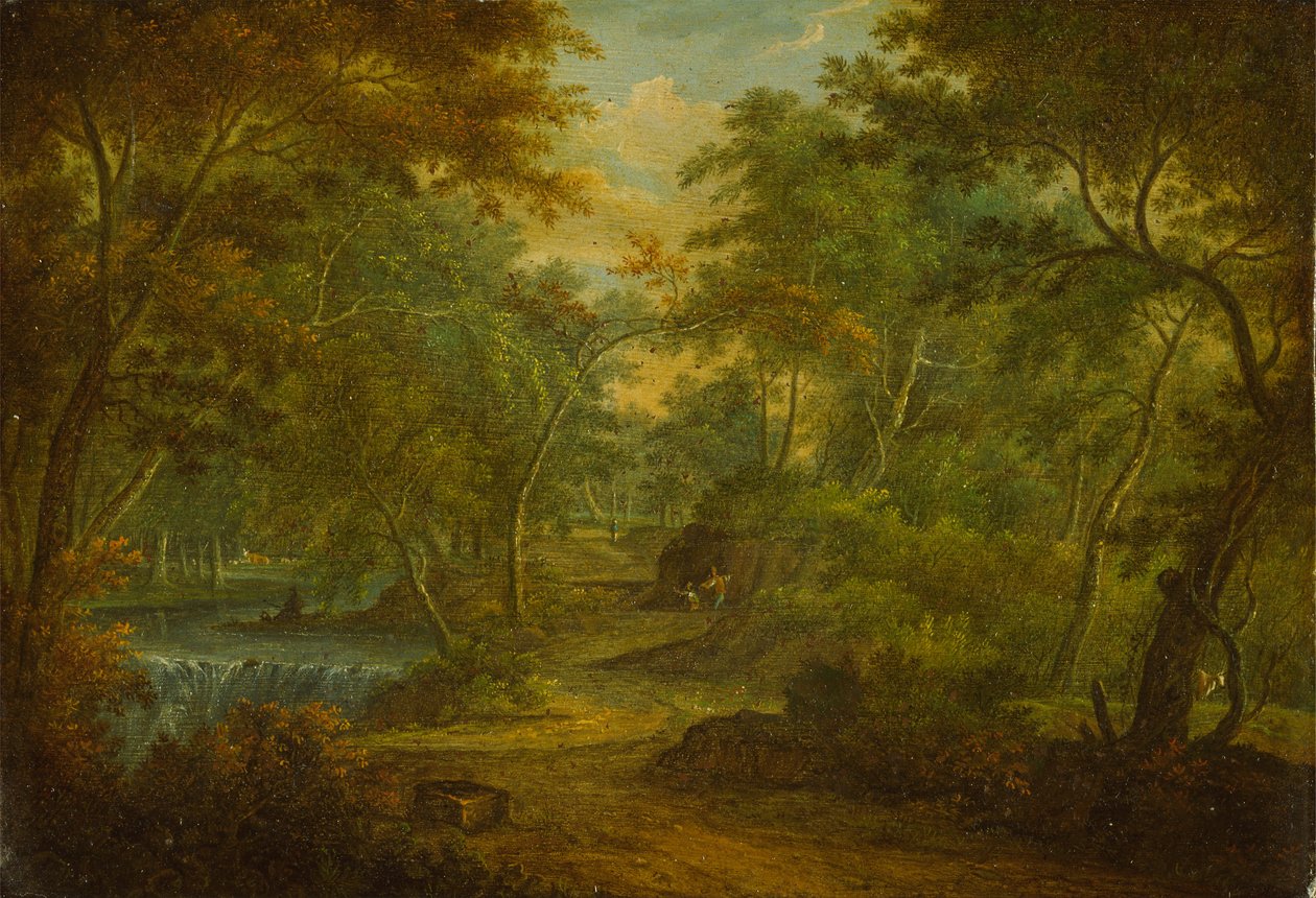 A Wooded Landscape with a Stream and a Fisherman by Thomas Smith of Derby