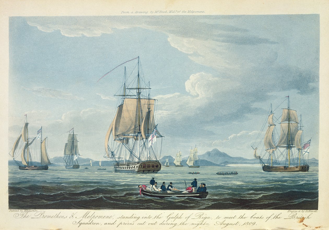 The Prometheus and the Melpomene in the Gulf of Riga to meet the British Squadron, August, 1809, engraved by D. Havell for 