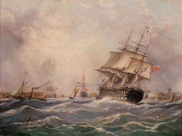 British Warship off Portsmouth by Thomas (attr. to) Buttersworth