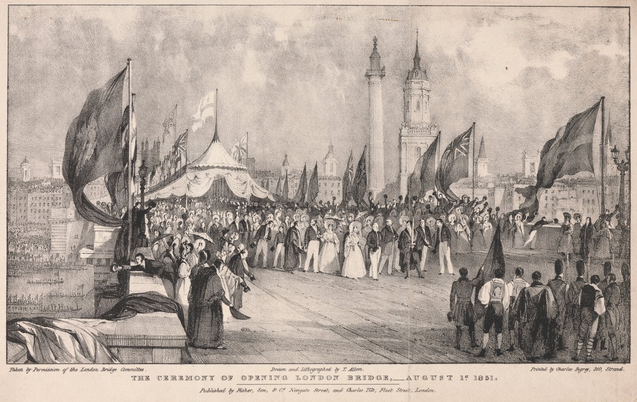 The Ceremony of Opening London Bridge with the Old London Bridge in the Background by Thomas Allom