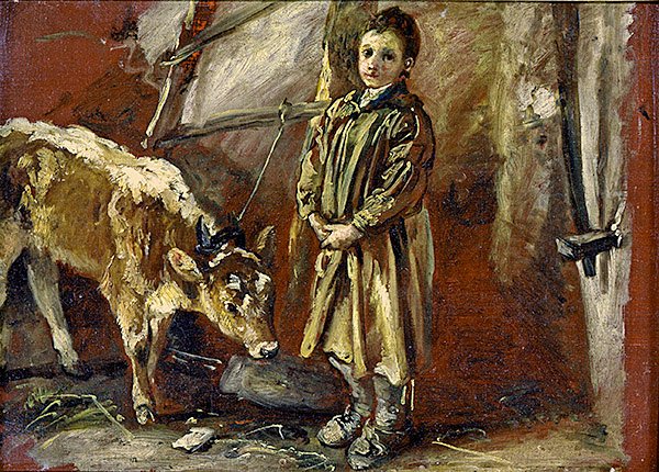Boy with a tethered calf by Thomas Barker