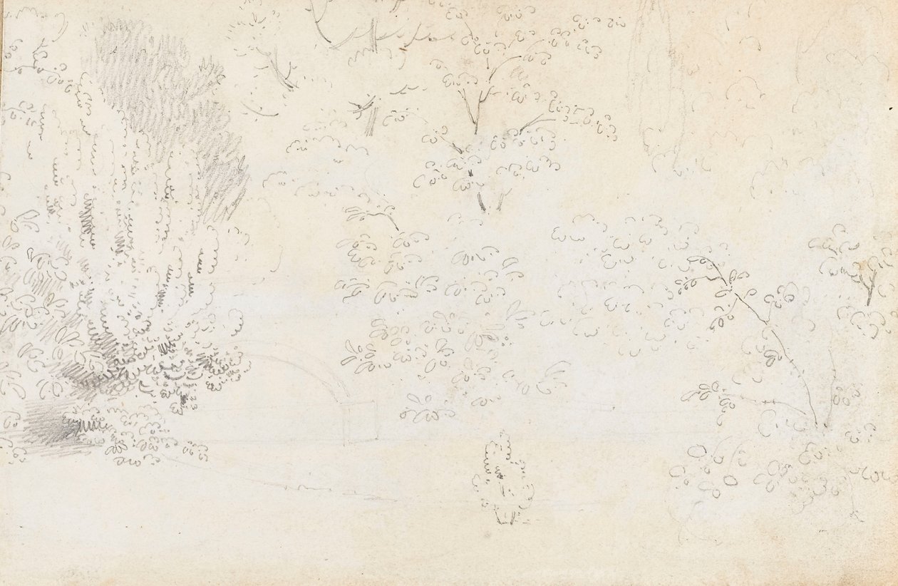 A study in graphite of the bridge and trees from the west by Thomas Baxter