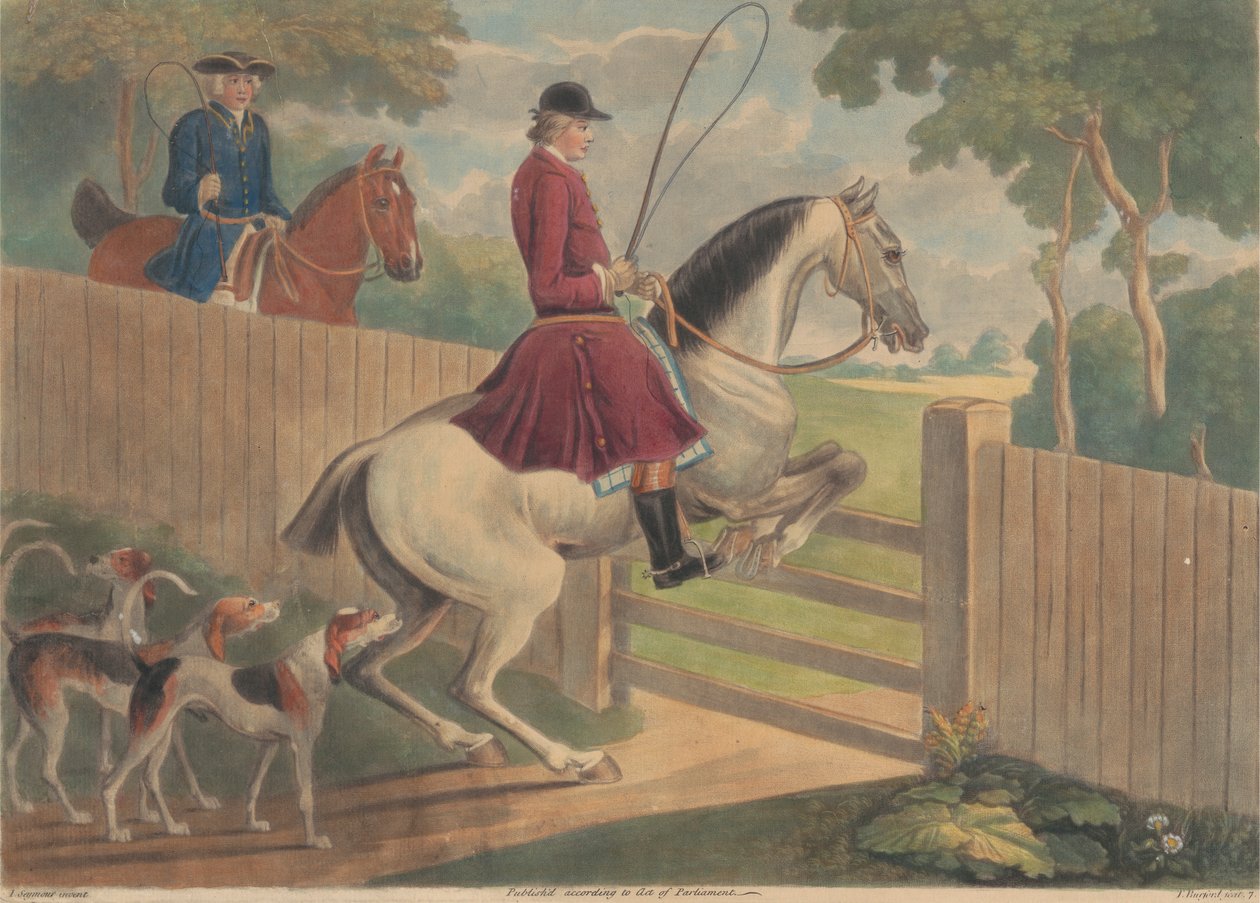 Hunting [two of a set of twelve]: 7. [A rider putting horse to a gate] by Thomas Burford
