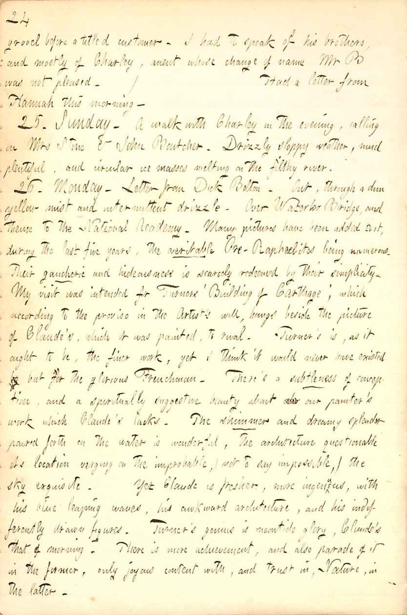 Describes a visit to the National Academy Gallery in London. Transcription by Thomas Butler Gunn