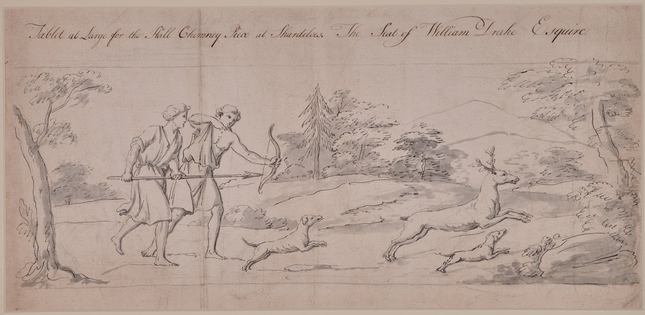 Two figures in classical costume hunting a stag by Thomas Carter