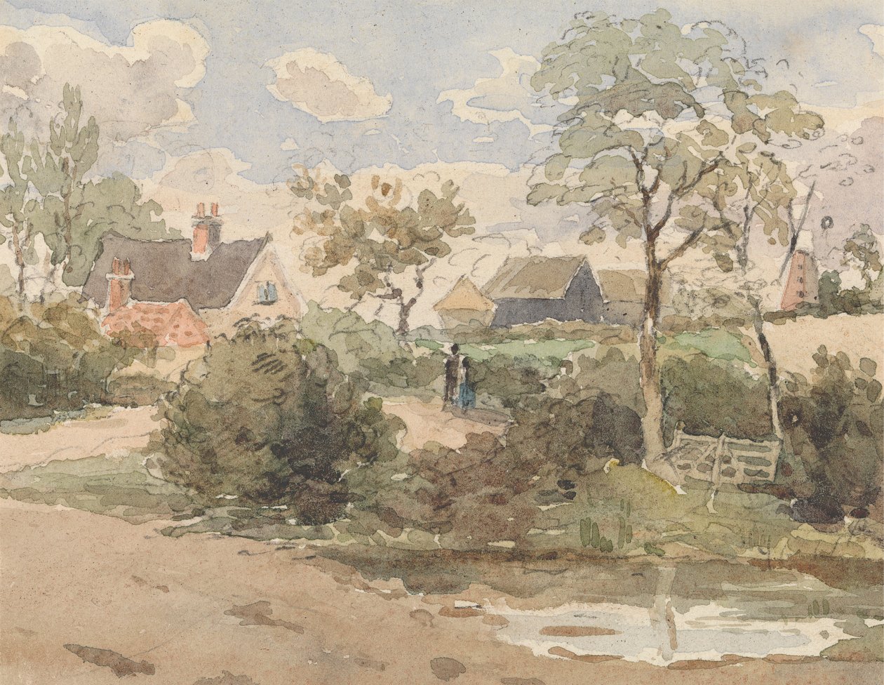 Country Landscape with Cottage, Windmill, Barns and Figures with Pond in Foreground by Thomas Churchyard