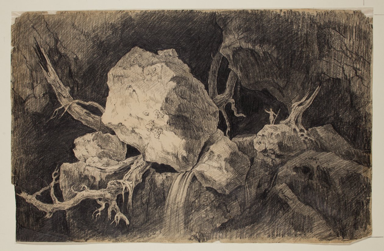 Hunter Standing in Cave near Rock and Waterfall by Thomas Cole