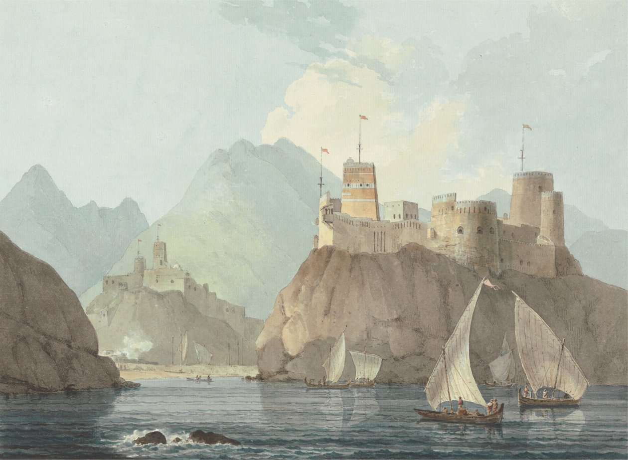 East View of the Forts Jellali and Merani, Muskat by Thomas Daniell