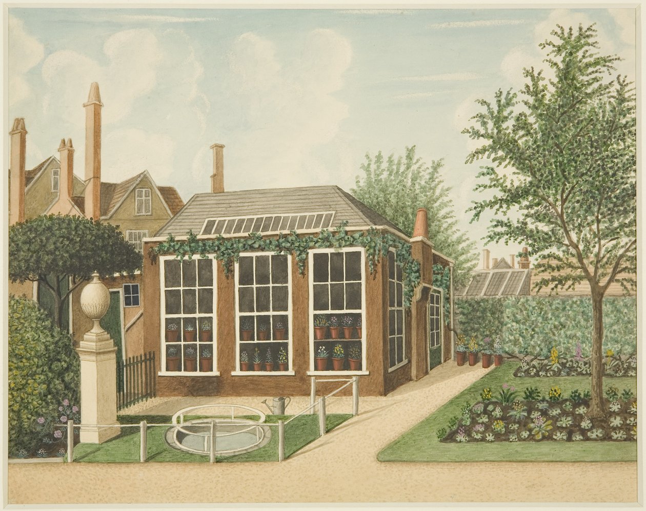 A view of the hot-house and a small pool from the gravel walk at 14 St James