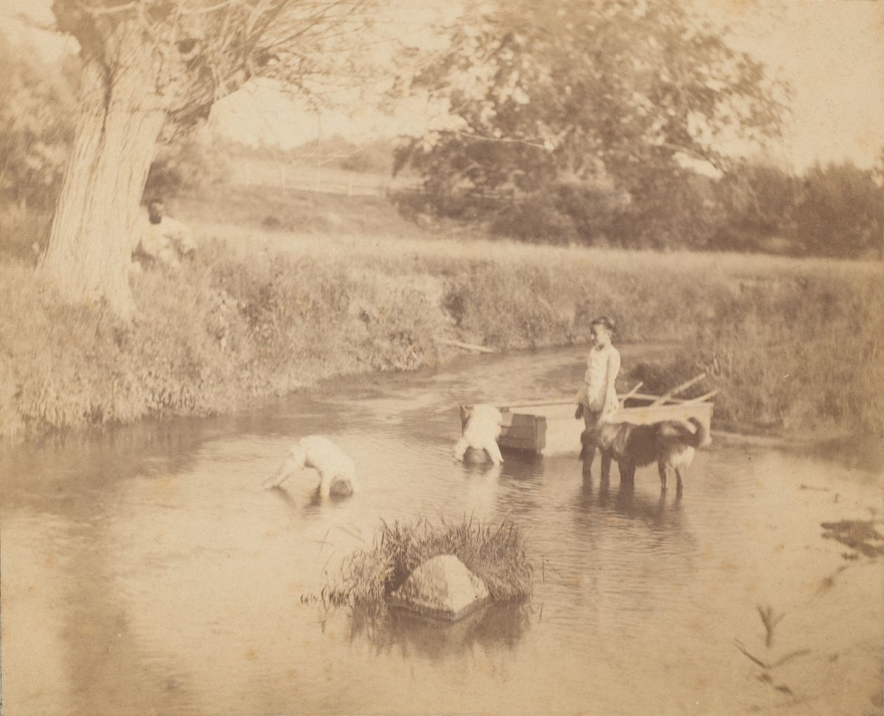 Three Children and a Dog Playing in the Creek by Thomas Eakins