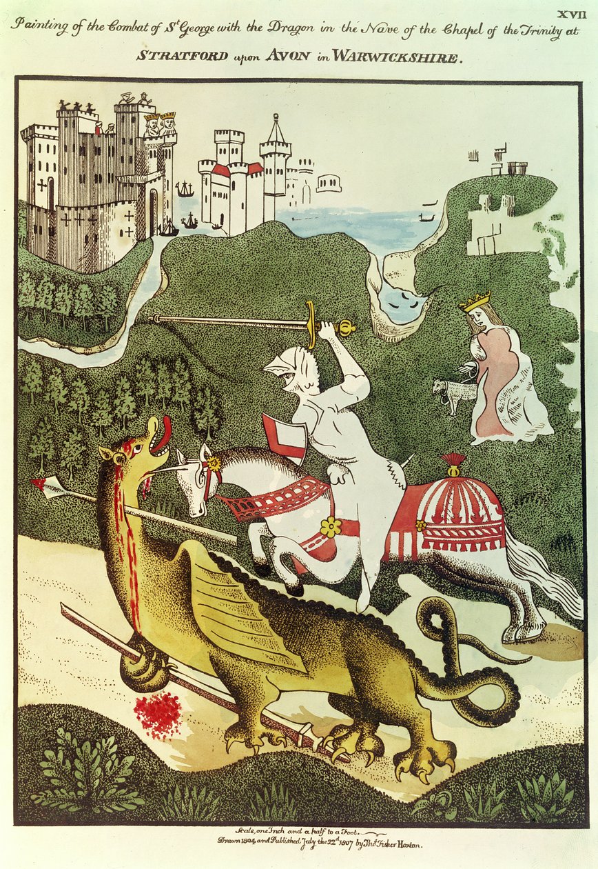 St. George and the Dragon, after an original painting in the Chapel of the Trinity at Stratford Upon Avon, Warwickshire by Thomas Fisher Hoxton