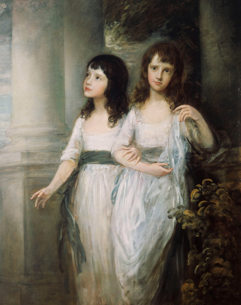 A Group Portrait of the Misses Sloper, both standing nearly full length in White Dresses with Blue Sashes by Thomas Gainsborough